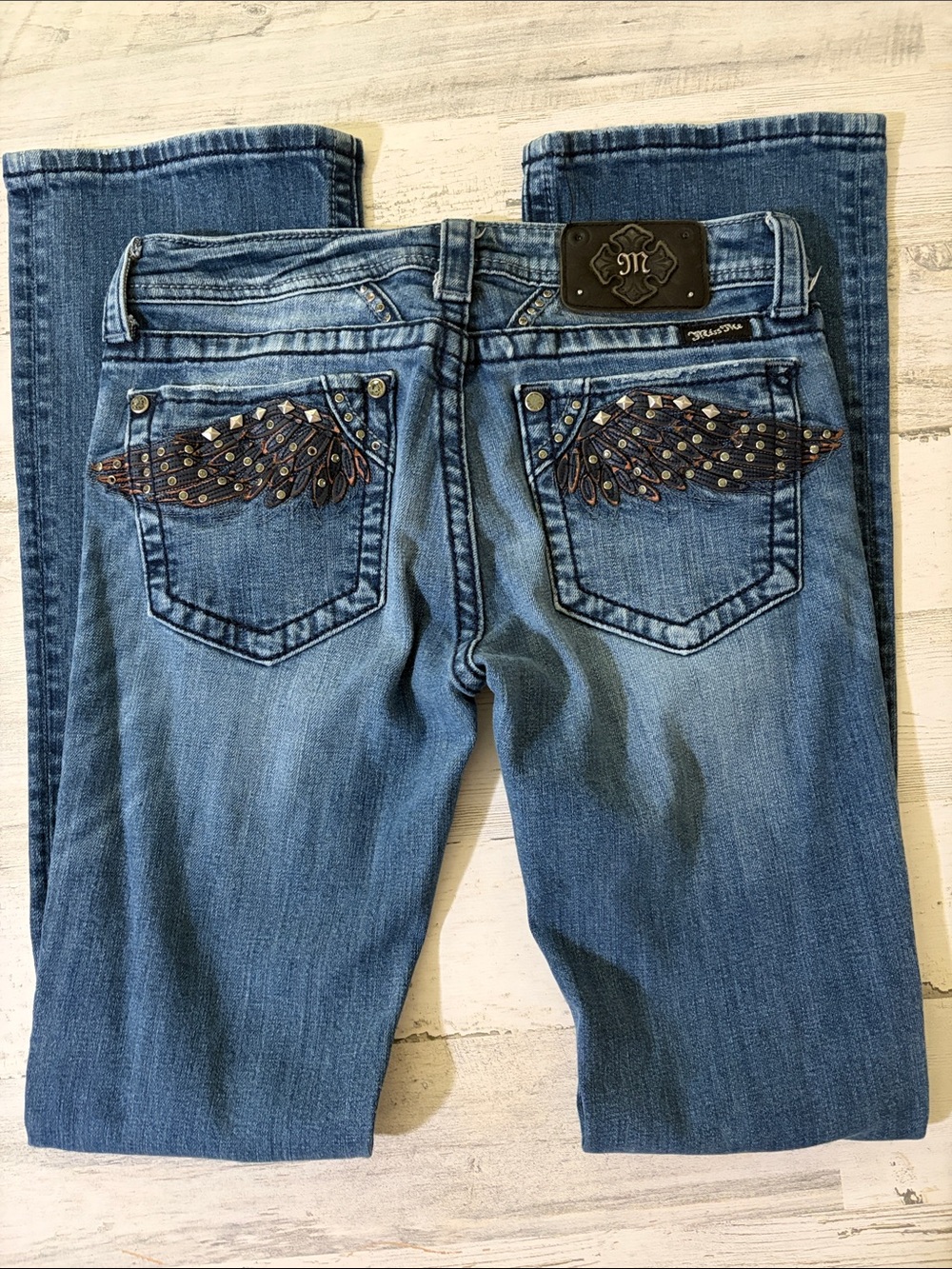 Miss Me Blue Denim Bootcut Jeans with Embellished Wing Pockets Size 29